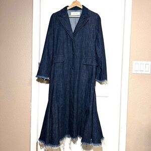 Marques’ Almeida Long Navy Denim Trench Coat Dress Frayed Hem Sz S Design London